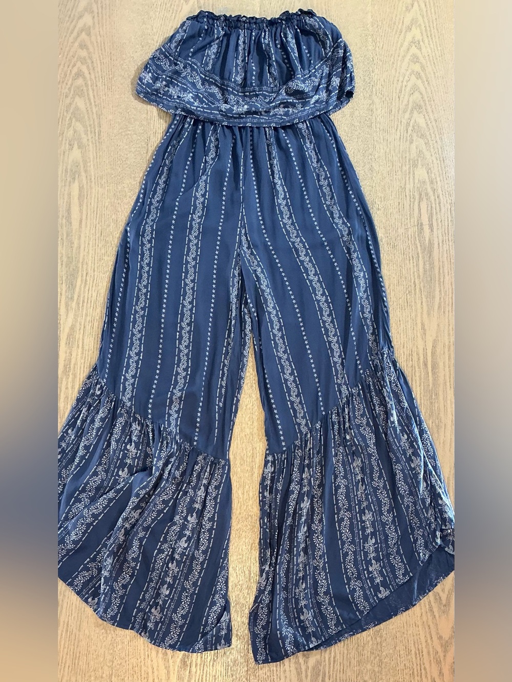 Japna Blue Floral Wide Leg Jumpsuit XS/S Boho Smocked Waist